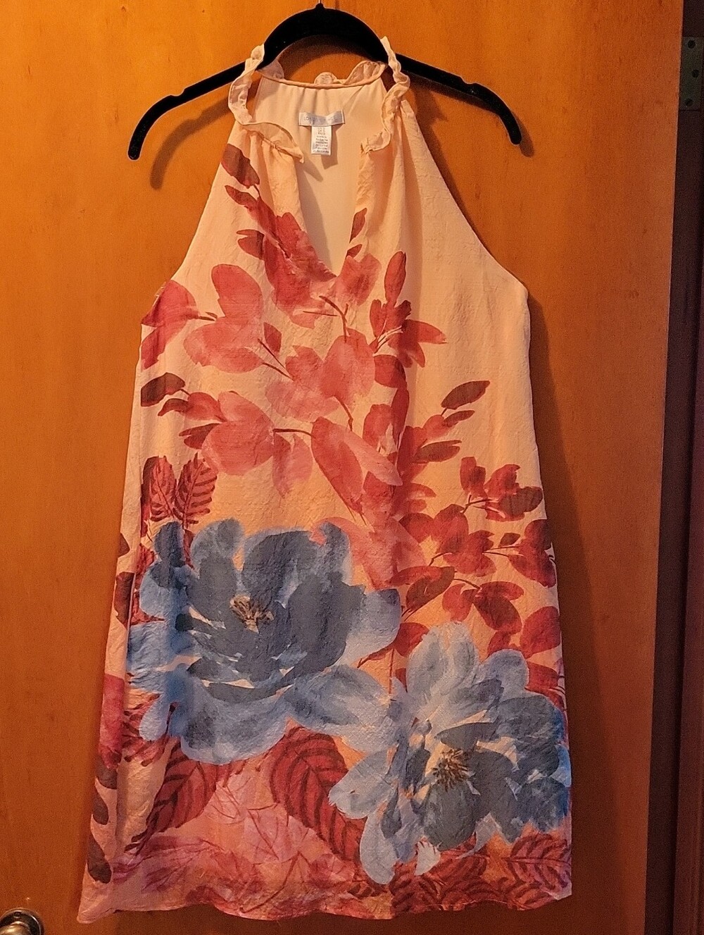 London Times Cream Floral Halter Dress with Blue & Coral Print